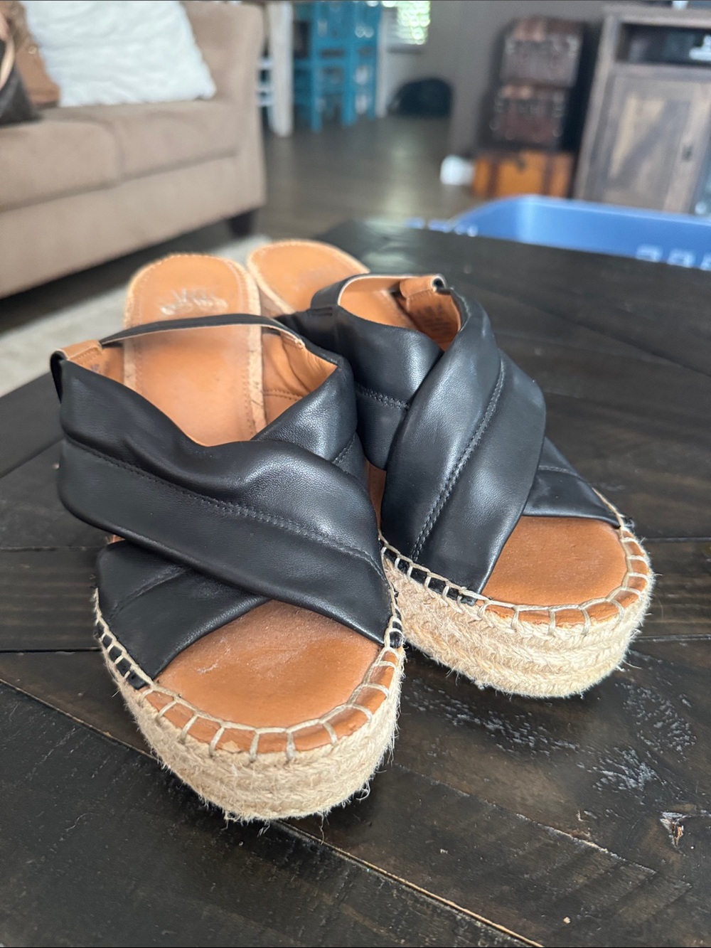 SARTO By Franco Sarto Black Leather Cross-Strap Espadrille Platform Sandals